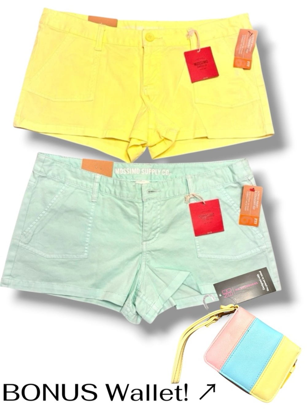 🌈 Mossimo Supply Co Shorts Bundle Size 13 Bright Yellow Mint Green NWT + wallet